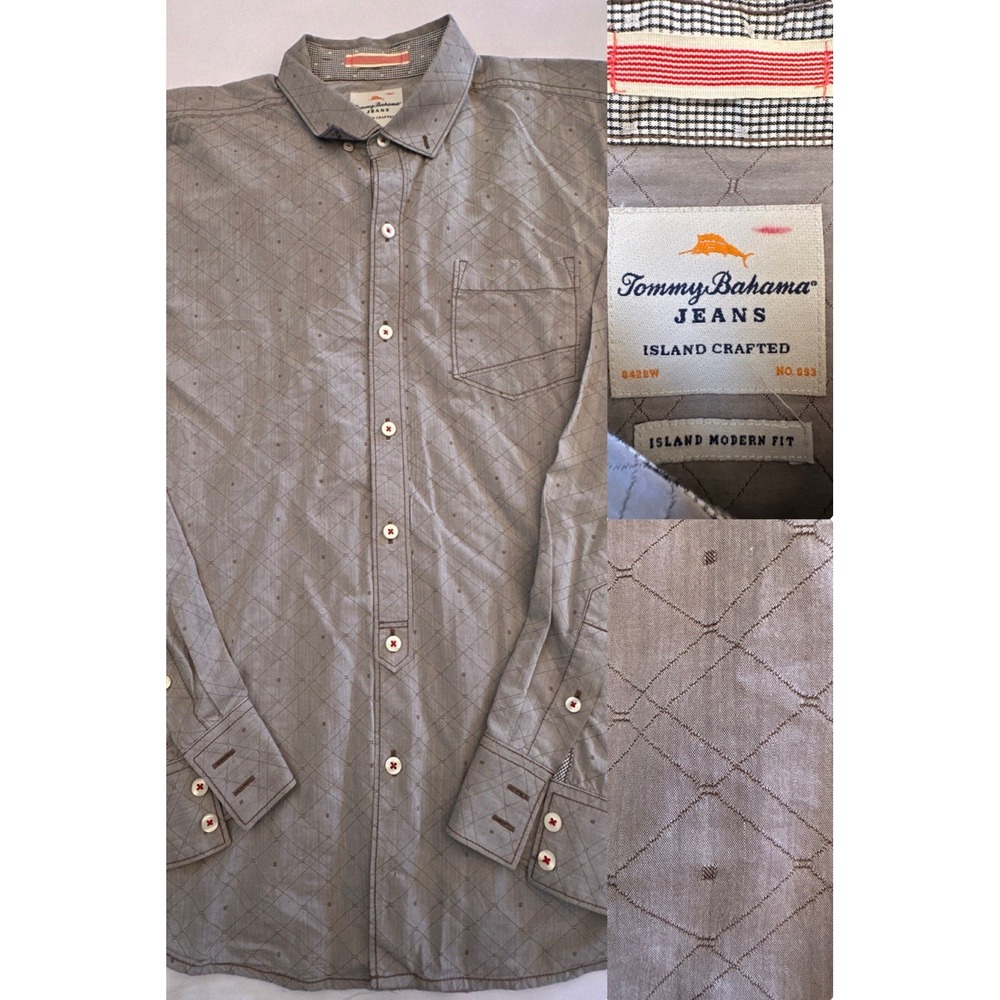 Tommy Bahama Shirt Mens Large Grey Island Crafted Modern Fit Quilt Casual